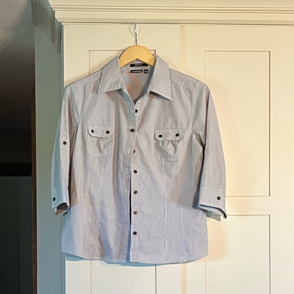 Apt 9 button up blue and white pin stripe, 3/4 sleeves, size L